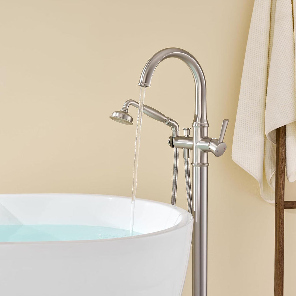 Wowkk Freestanding Tub Faucet Floor Mount Tub Filler Brushed Nickel Free Standing Bathtub Faucet Brass Bath Faucet with Hand Shower