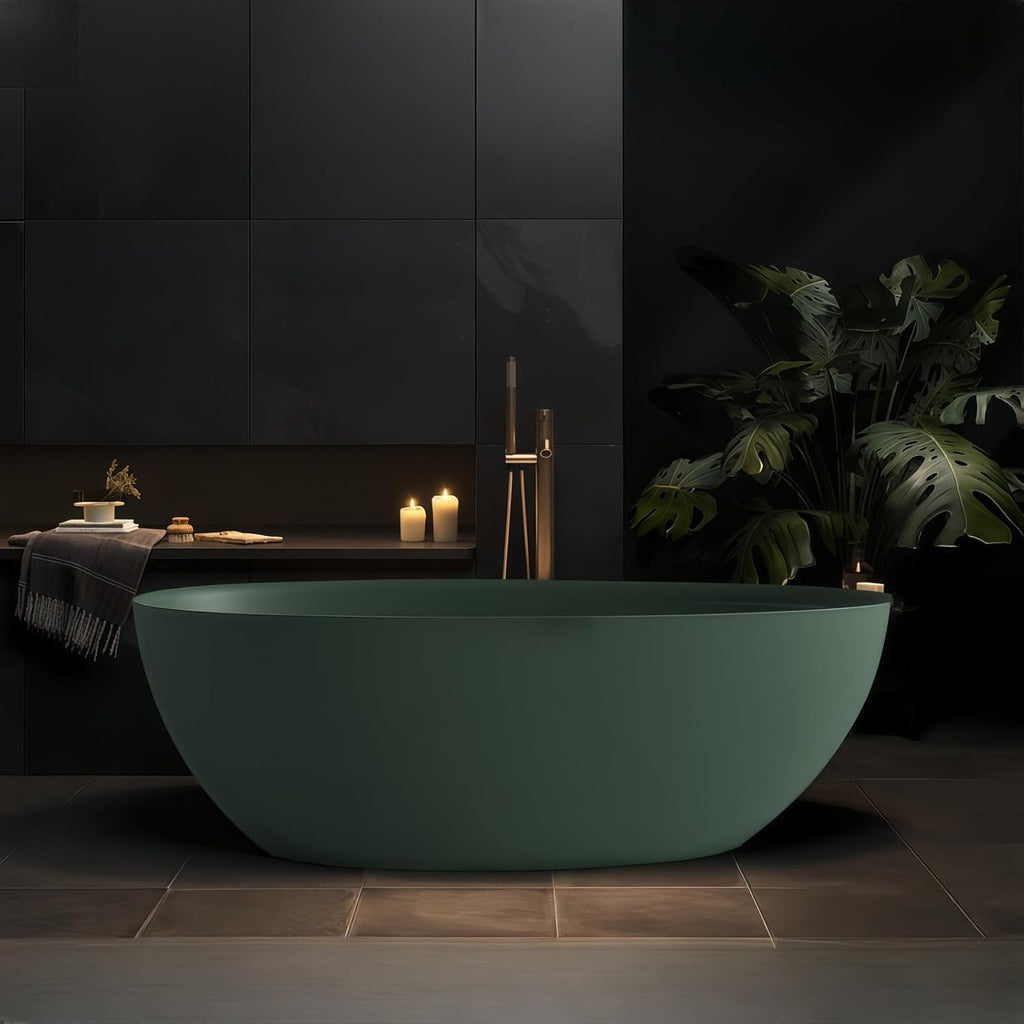 Freestanding Bathtub - Oval Solid Surface Bathtub, Ergonomic Soaker Tub, Modern Extra Deep Stand Alone Tub, with Drain, Suitable for Apartments, Villas, Hotels (Green, 64')