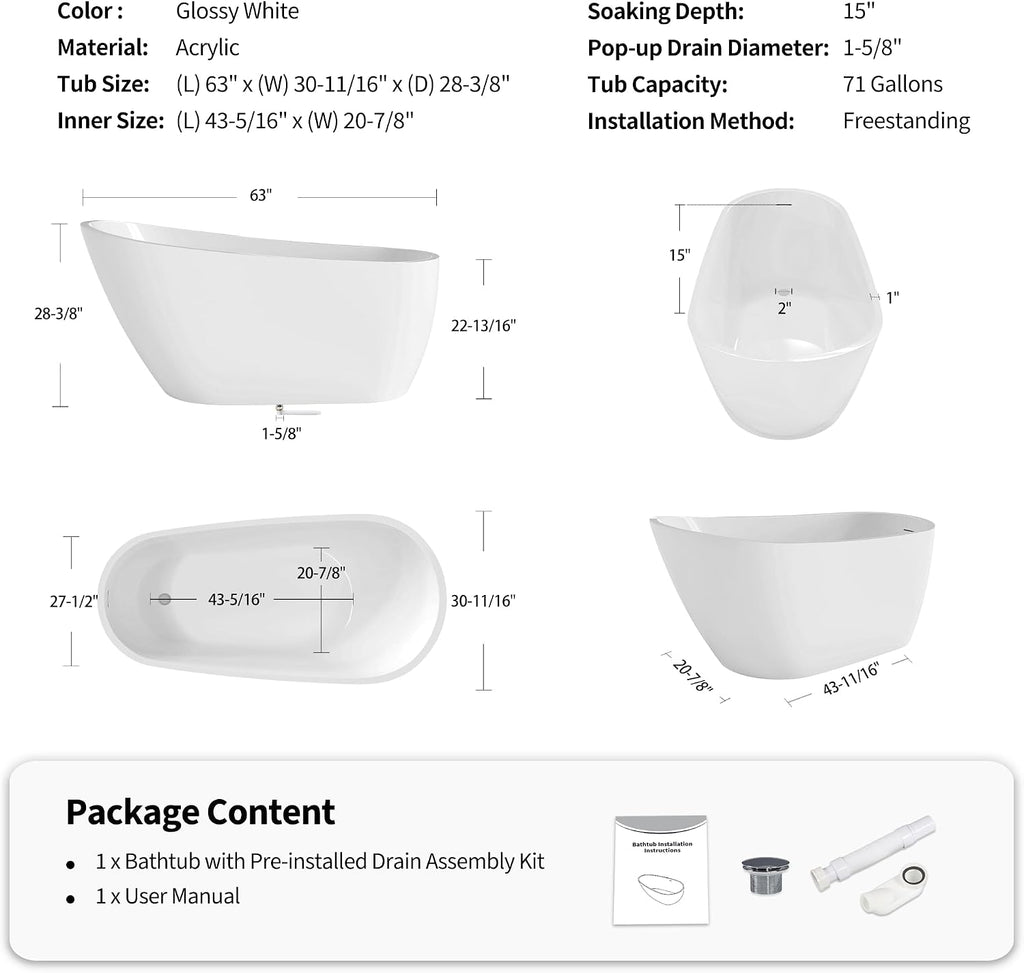 63' Acrylic Freestanding Bathtub, Deep Soaking Bathtub with Pop up Drain Integrated Overflow, Stand Alone Bath Tub for Bathroom Spa or Home Upgrade, Glossy White GF 26A04 63