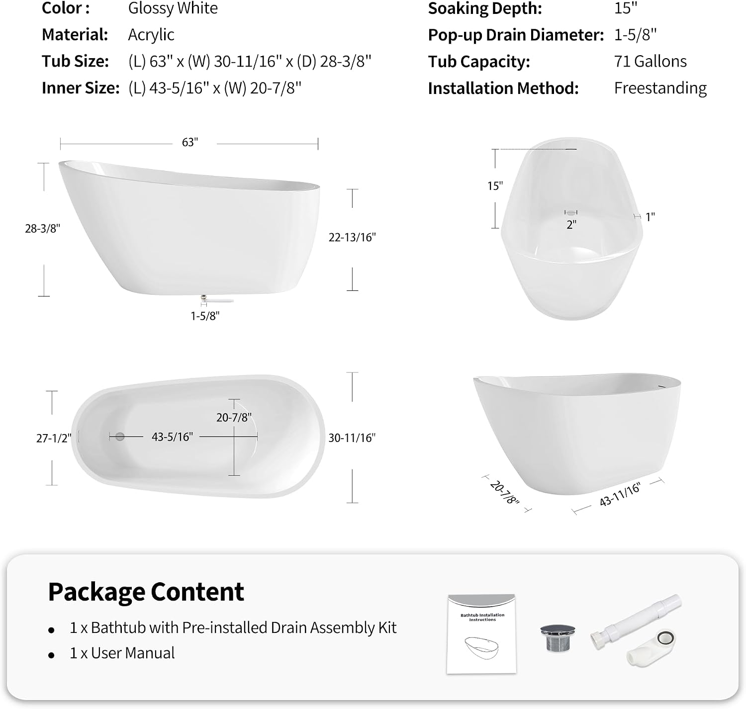 63' Acrylic Freestanding Bathtub, Deep Soaking Bathtub with Pop up Drain Integrated Overflow, Stand Alone Bath Tub for Bathroom Spa or Home Upgrade, Glossy White GF 26A04 63