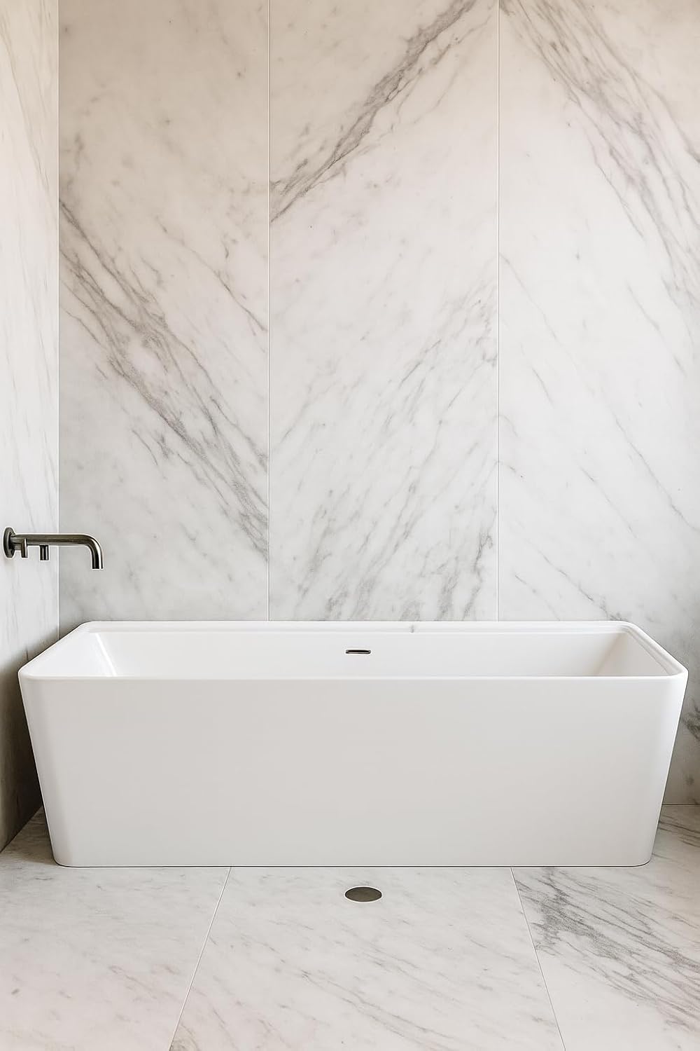 Carver Tubs - Kaskade 71' - Modern White Freestanding Soaking Bathtub - Modern Rectangle Acrylic Tub With Chrome Drain and Center Slotted Overflow Included - Deep Relaxing Soak - 71″L x32'W x 23'H