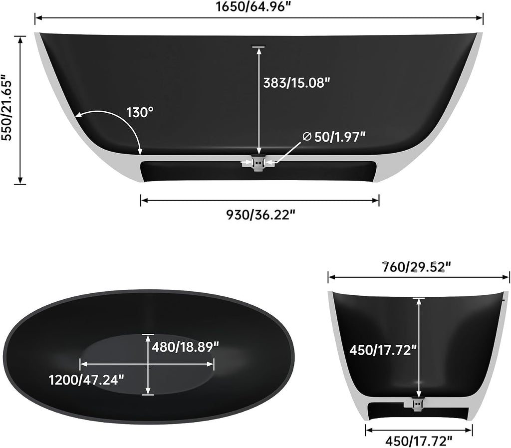 65' Premium Matte Black Solid Surface Freestanding Bath Tub, Oval Stone Resin Tub with Overflow and Pop-up Drain