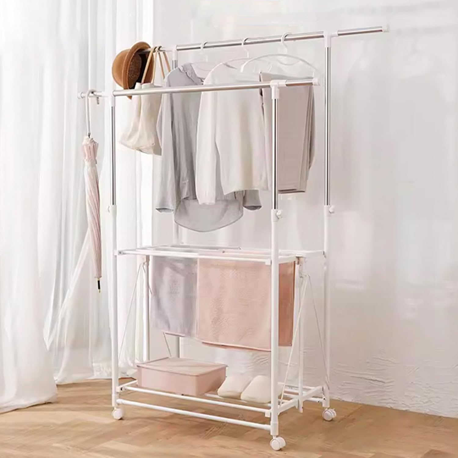 Clothes Drying Rack Foldable,Clothing Drying Rack 3-Tier Collapsible Four-Legged Clothing Rack,Free-Standing Large Drying Rack,Portable Garment Rack, for Laundry,Indoor, and Outdoor ( Color : White ,