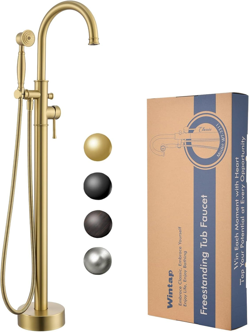 Free Standing Tub Faucet, Wintap Classic Freestanding Bathtub Faucet with Sprayer Brass Elegant Floor Mount Bath Faucets High Flow Roman Tub Filler, Brushed Gold （WT-3311BG）