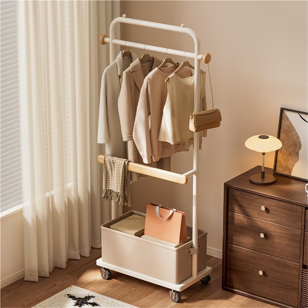 Modern Metal Coat Rack with Wheels, Freestanding Garment Rack with Storage Box, Multifunctional Clothes Rack for Living Room, Bedroom, Entryway and Office(Black,60cm/23.6in)
