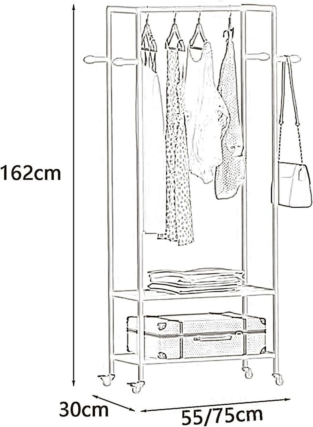 Heavy duty Garment rack Rolling Clothing Rack, Space-Saving Clothes Rack On Wheels, Portable Hanging Storage Organizer With 2 Shelves And 4 Hooks, 3-in-1 Metal Coat Rack For Bedroom (Gold 55X30X162CM