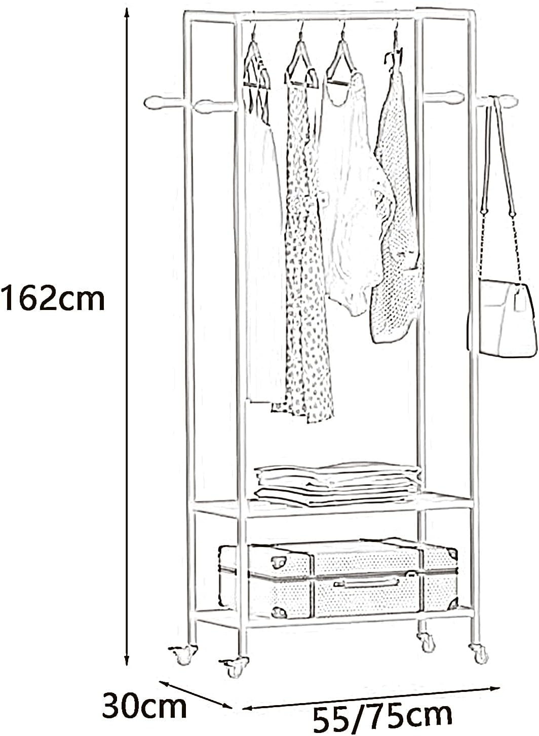 Heavy duty Garment rack Rolling Clothing Rack, Space-Saving Clothes Rack On Wheels, Portable Hanging Storage Organizer With 2 Shelves And 4 Hooks, 3-in-1 Metal Coat Rack For Bedroom (Gold 55X30X162CM