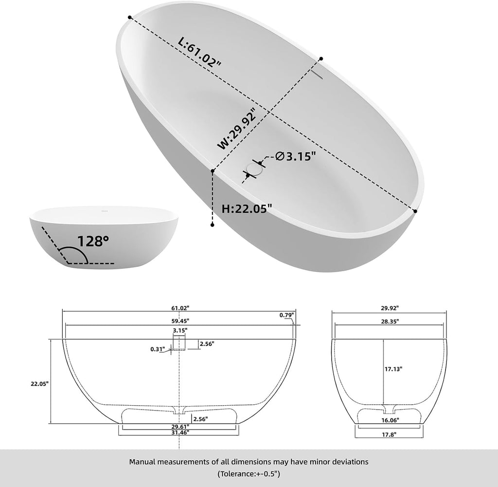 61'' Resin Stone Soaking Bathtub Oval Solid Surface Freestanding Soaking Bathtubs Matte White Soaking Tub with Overflow and Pop up Drain - White