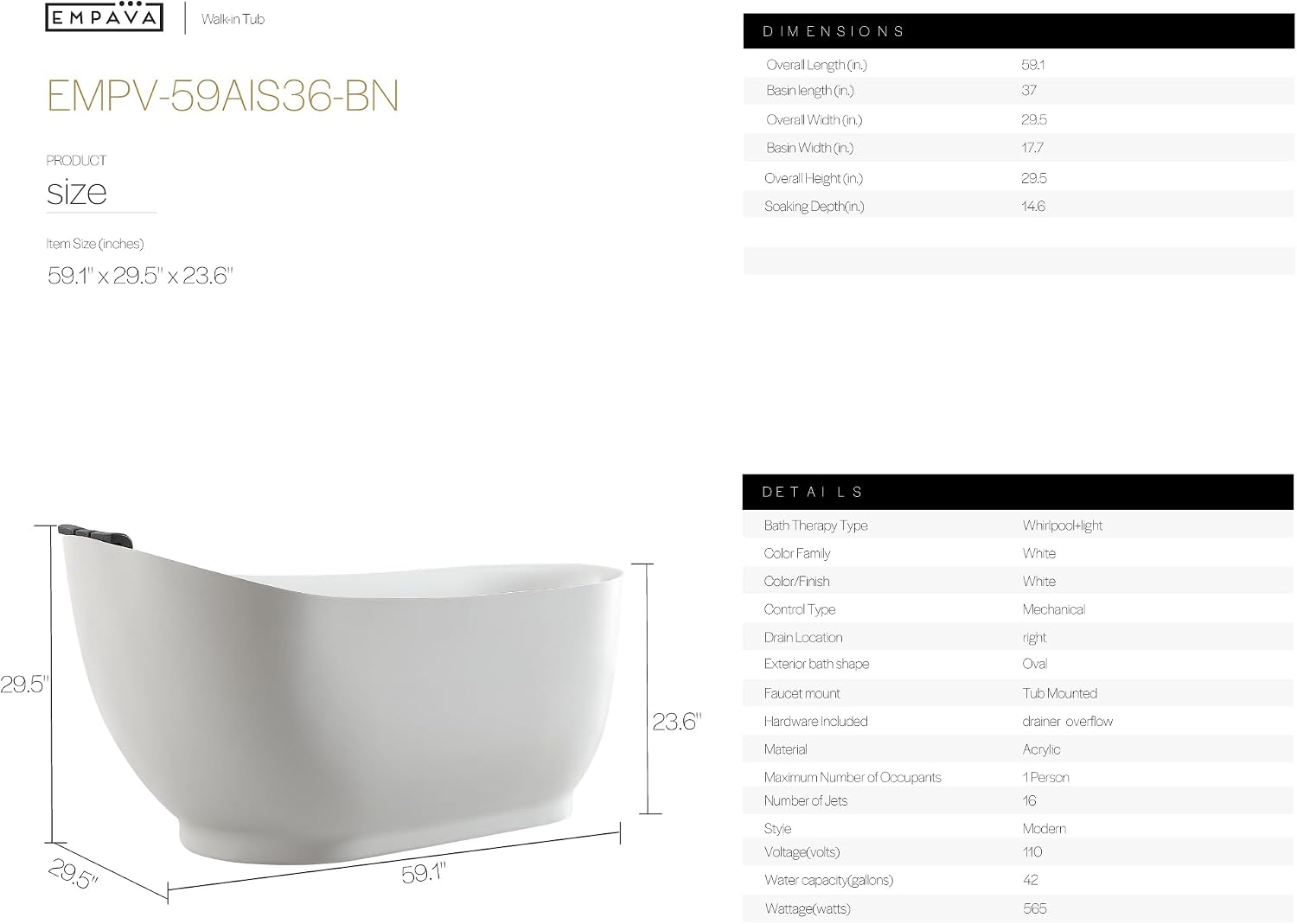 Empava Upgrade Acrylic Whirlpool Bathtub, 59 Inch Acrylic Freestanding Jetted Tub, Hydromassage Gracefully Oval Shaped with 16 Hydromassage Jets with Lumbar and Neck Support, Black Pillow
