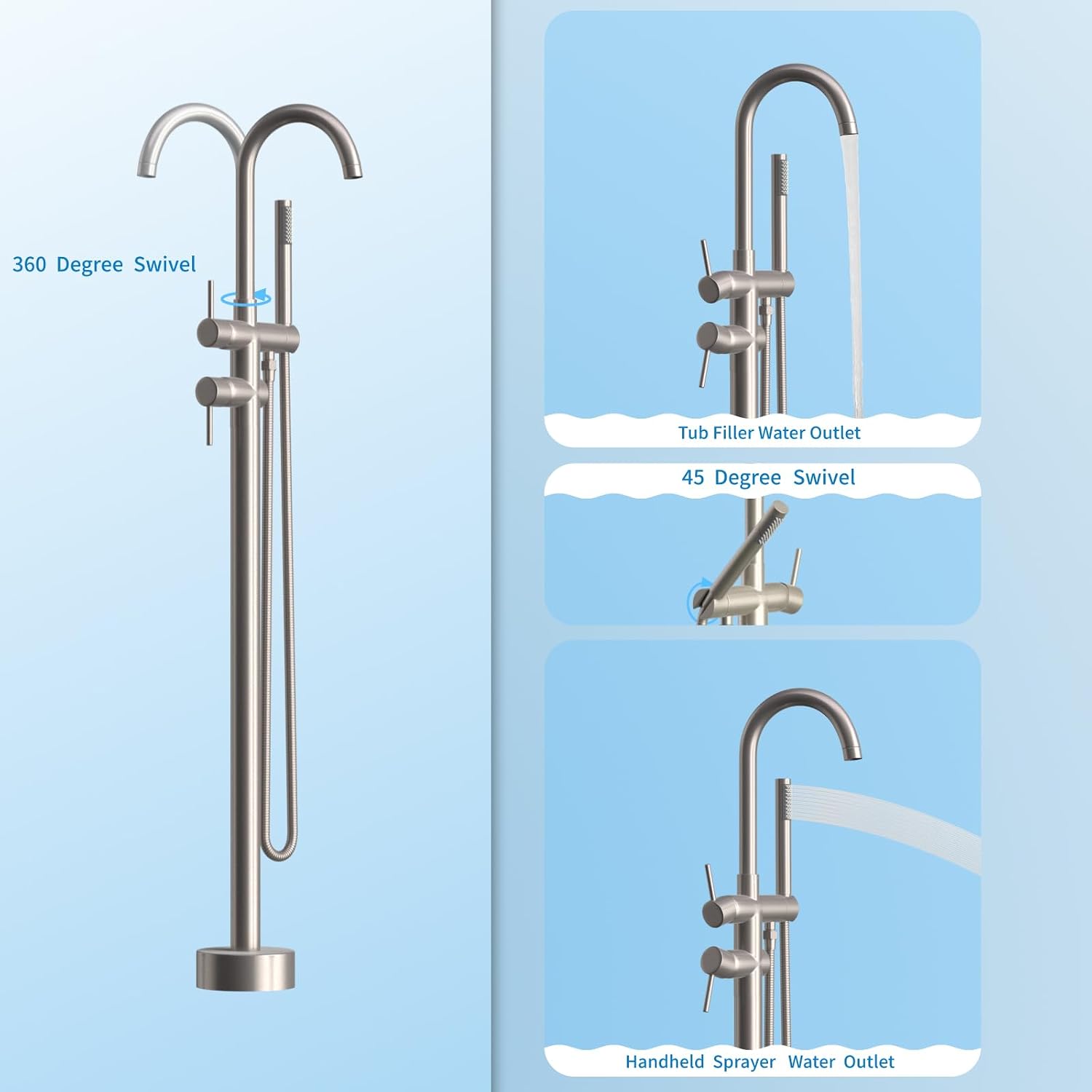 Freestanding Bathtub Faucet,Tub Filler Floor Mount Stand Bathtub Faucet Brass Bathroom Tub Faucets with 2 Function Hand Shower Wand Swivel Brushed Nickel