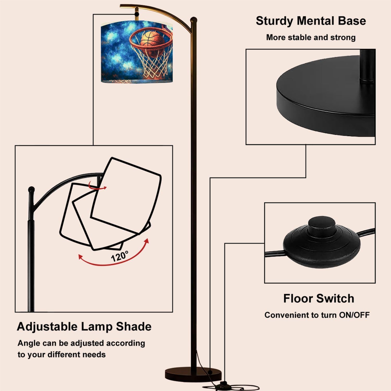 Arc Floor Lamp Sports Baseball Sport Theme Vintage Basketball Hoop Net Sky Dynamic Tall Standing Lamp Modern Dimmable with Remote Adjustable Drum Shade Footswitch for Living Room Bedroom Office
