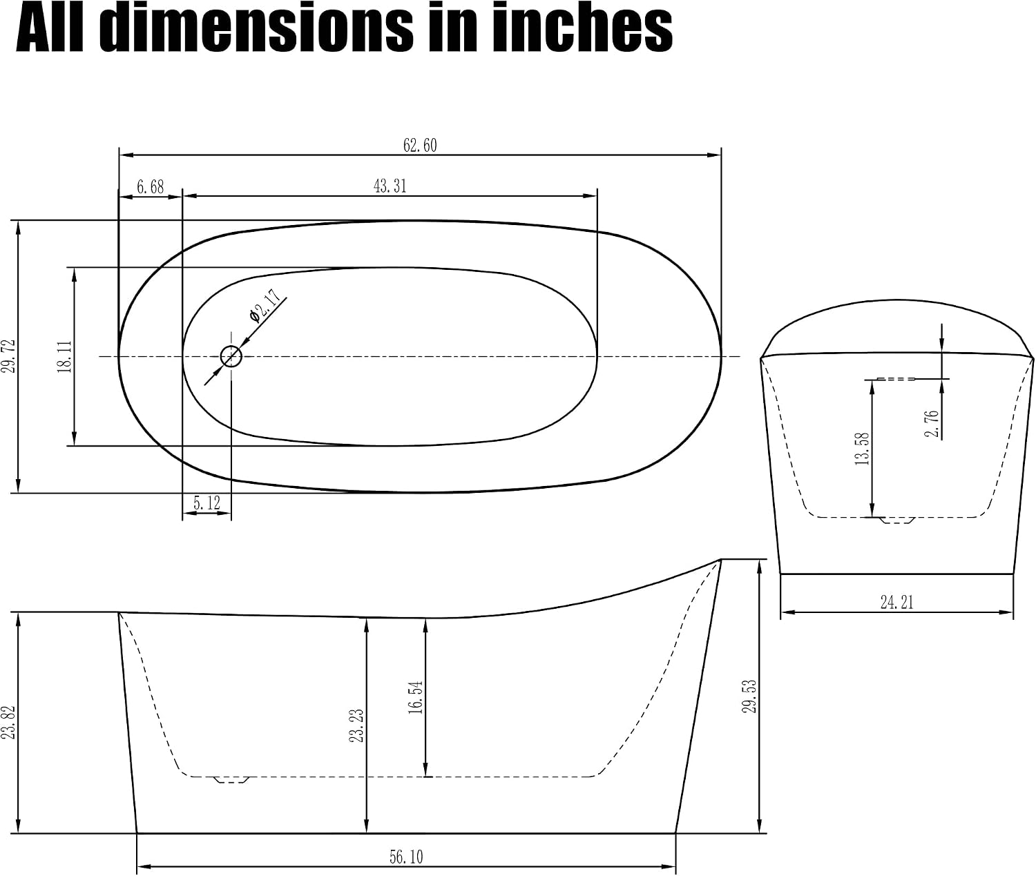HEATGENE 62 Inches Acrylic Freestanding Bathtub Contemporary Soaking Tub Modern Bathtub Easy to Install UPC Certified Drain & Overflow Assembly Included