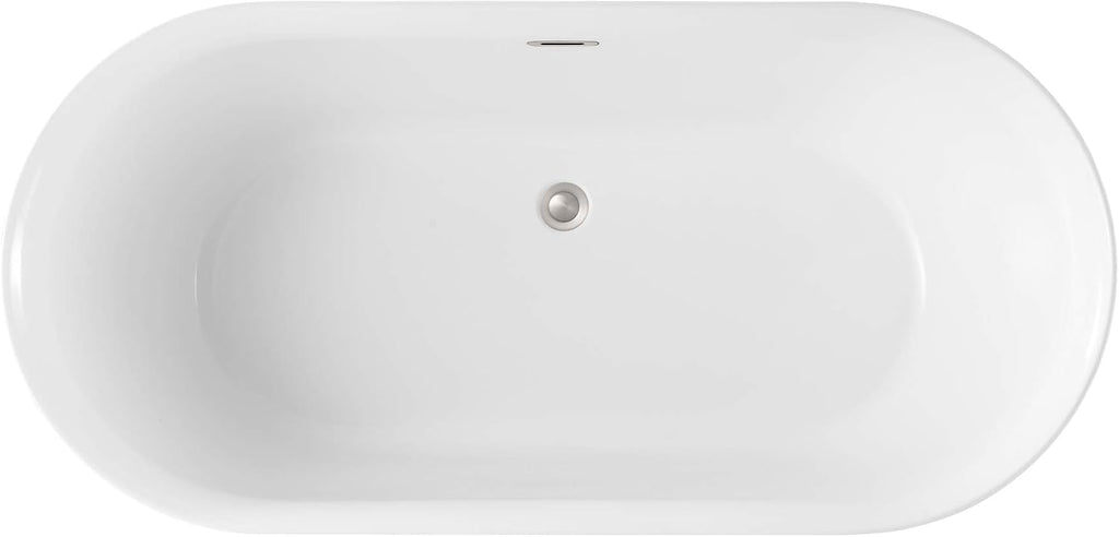 OVE Decors Ayago 59 in. Solid Surface Freestanding White Acrylic Soaking Bathtub, with Overflow and Satin Nickel Pop-up Drain