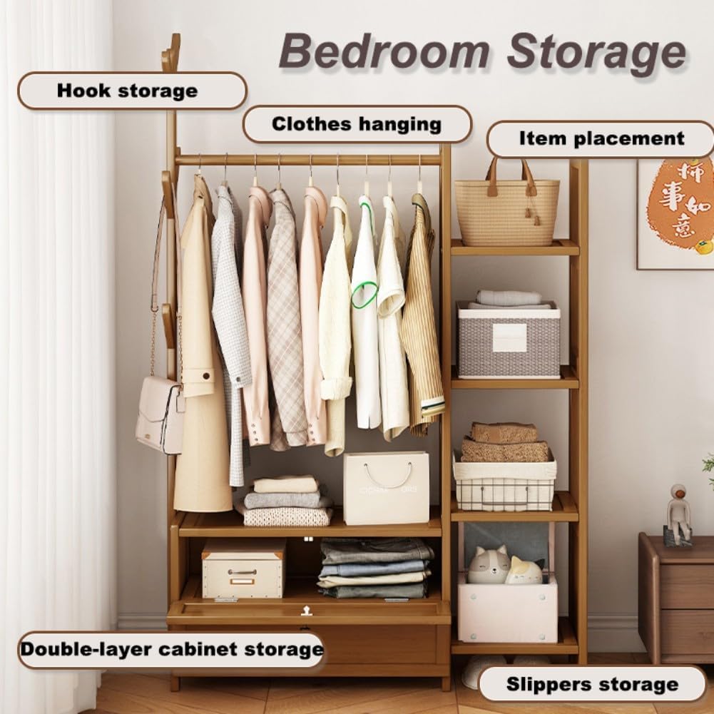 Open Wardrobe for Bedroom - Wooden Clothes Rail with Drawers, Free Standing Garment Rack, Style for Clothes Storage