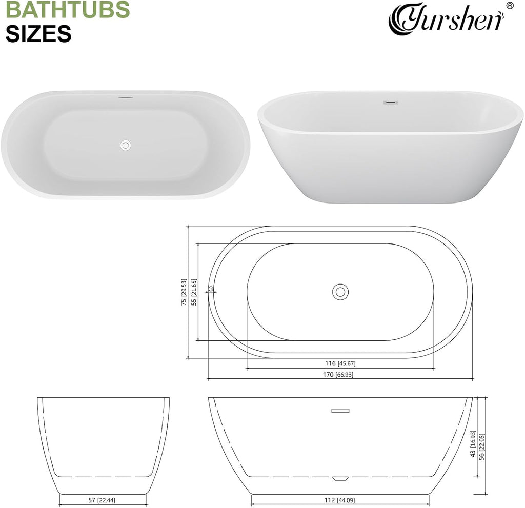 67 Inch Freestanding Acrylic Bathtub White Roll Top Soaking Tub with Smooth Curved Rim, Chrome Drain and Overflow, YSB9217
