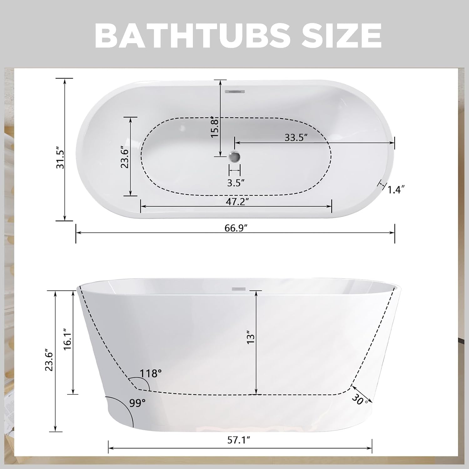 67' Acrylic Freestanding Bathtub Contemporary Oval Shape Soaking Bath Tub Gloss White Stand Alone Tub with Toe-Tap Chrome Drain & Overflow for Indoor Bathing