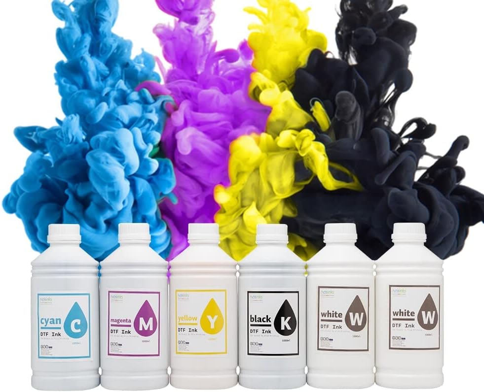Premium Large DTF Ink Bottle Bulk Refill Set 6000ML (1000ml x 6, CMYK 2X Wh) - Direct to Film Heat Transfer Printing, Conversion Kit, Compatible w/DTF Film Cyan/Magenta/Yellow/Black/2x White