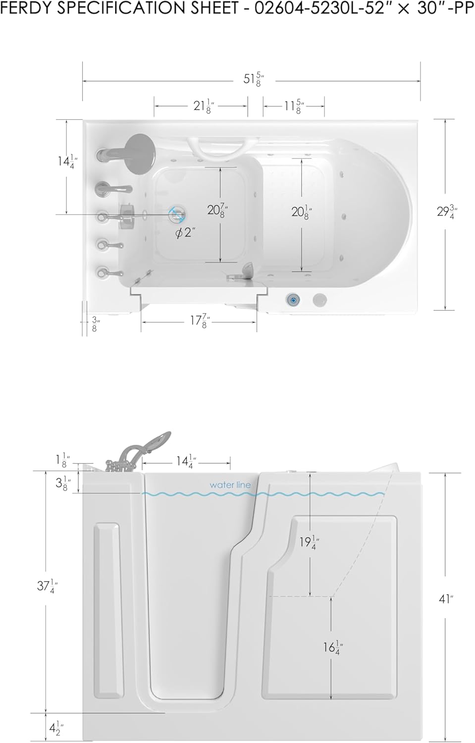 FerdY Floridian 52'x 30' Walk-in Whirlpool Bathtub with 14 Air Water SPA Jets and Left-Side Door Opening and Quick Fill and Drain System, Rectangular Soaking Bathtub in White