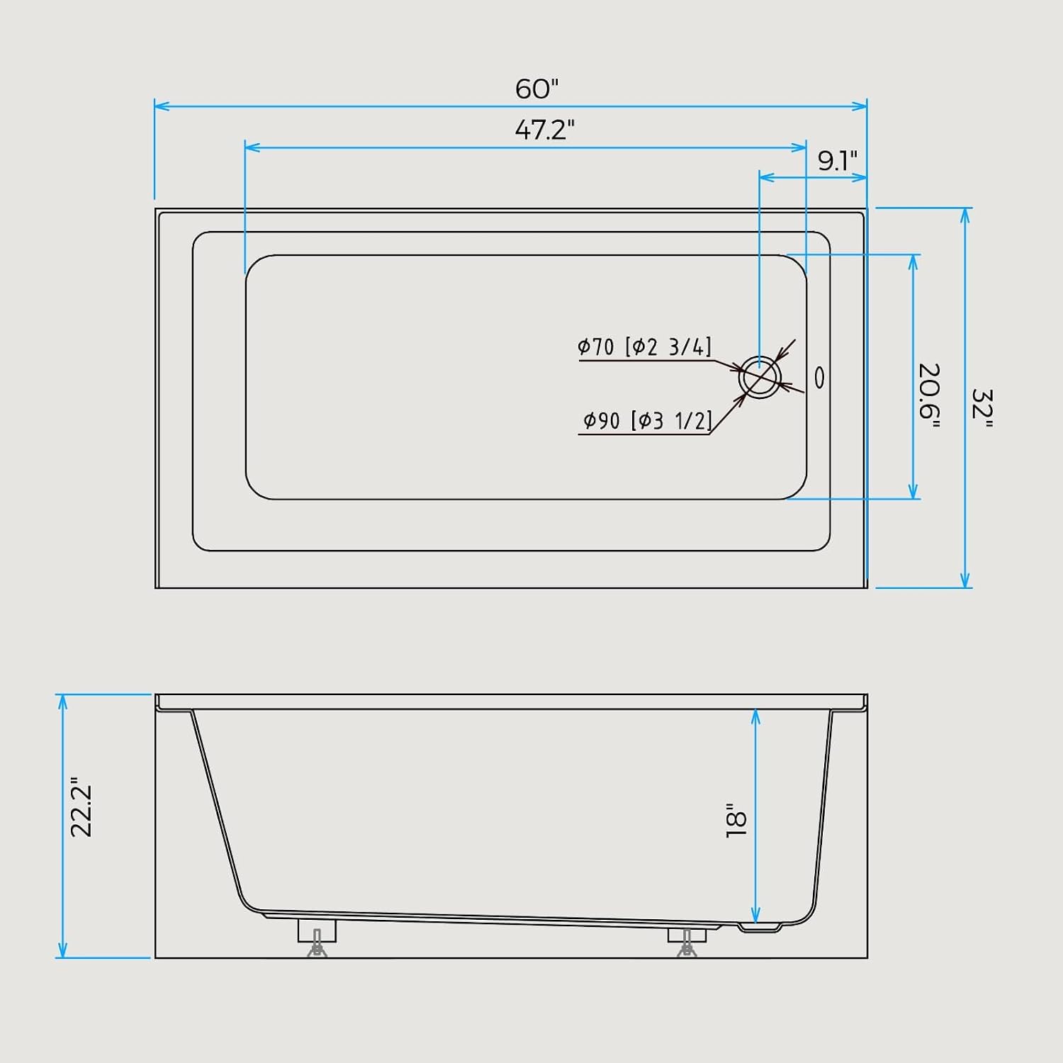 60x32 in Acrylic Drop-in Bathtub, Rectangular Soaking Tub with Integral Apron,Built-in Bathtub, Matte Drain and Overflow, Ergonomic Design, Easy Installation for Bathroom, Right Overflow and Drain