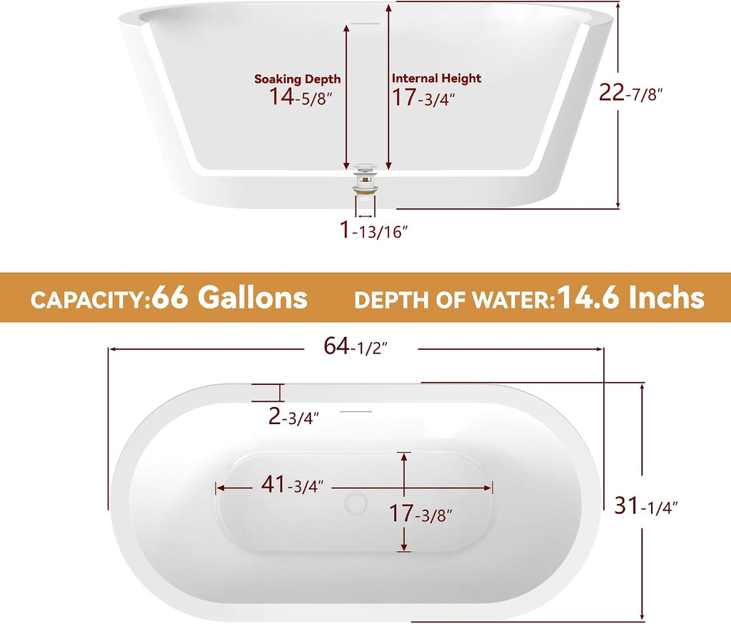 64' Free Standing Tub, Pure Acrylic Freestanding Bathtub, Stylish Stand Alone Contemporary Deep Soaking Bath Tub, cUPC Certified SY1265 (Glossy White)
