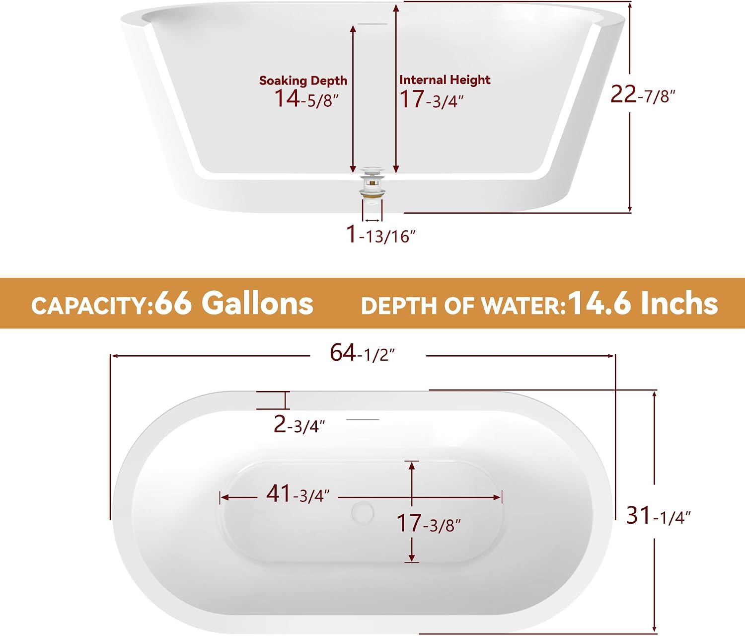 64' Free Standing Tub, Pure Acrylic Freestanding Bathtub, Stylish Stand Alone Contemporary Deep Soaking Bath Tub, cUPC Certified SY1265 (Glossy White)