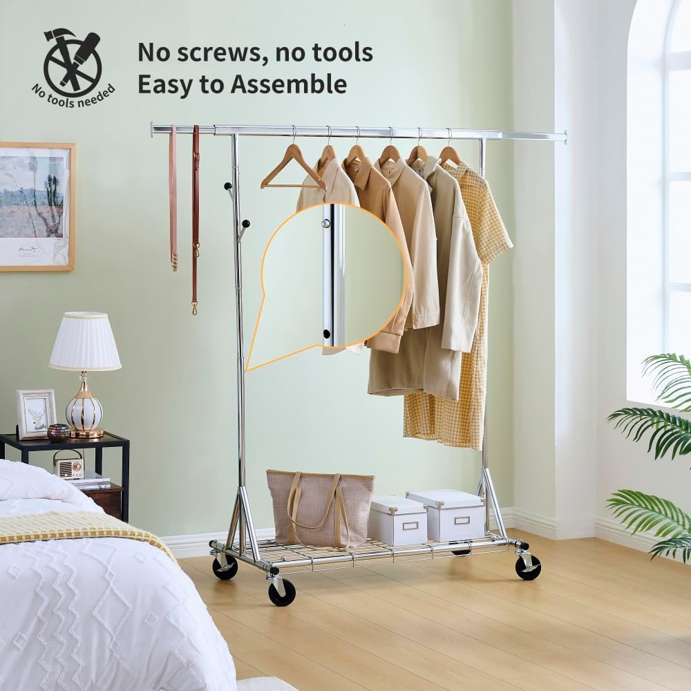 Heavy Duty Clothes Rack Load 600 LBS, Metal Garment Rack, Standing Rolling Clothes racks for Hanging Clothes with Sturdy Wheels & Shelves, Portable Closet Wardrobe Rack,Sliver (Silver)