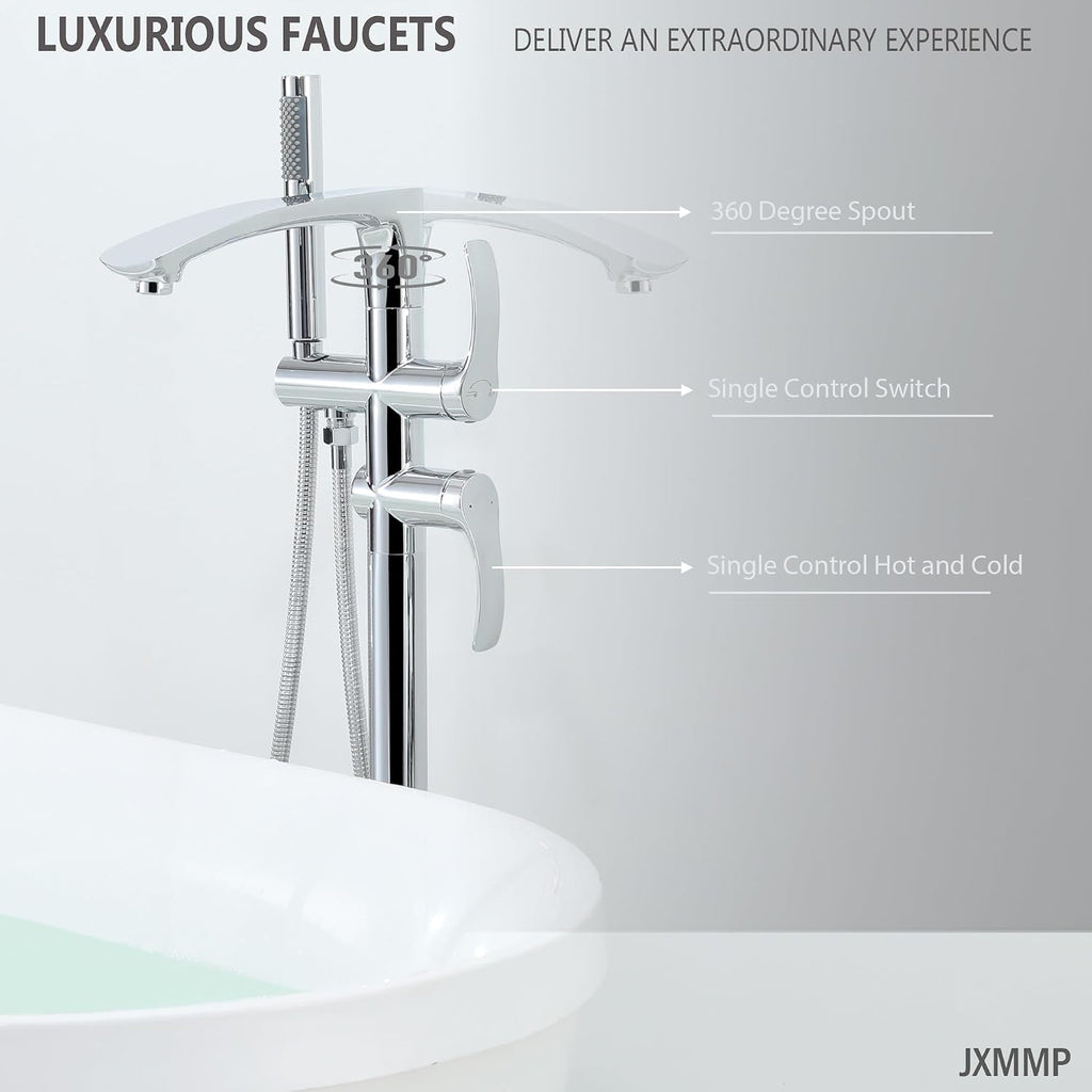 Free Standing Bathtub Faucets, Shiny Chrome Stainless Steel Floor Mount Tub Filler with 360 Rotating Spout and Hand Shower, High Flow Silver Faucet for Bath Tub JXM-F001CP