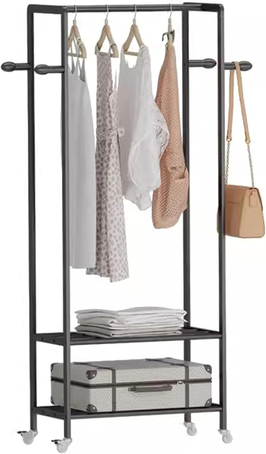 Heavy duty Garment rack Rolling Clothing Rack, Space-Saving Clothes Rack On Wheels, Portable Hanging Storage Organizer With 2 Shelves And 4 Hooks, 3-in-1 Metal Coat Rack For Bedroom (Black 55X30X162C