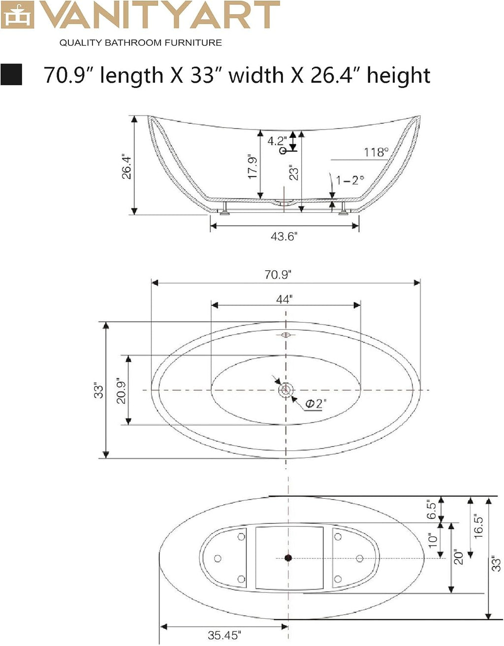 Vanity Art 71' X 33' Freestanding Bathtub | Home Improvement Bathtubs with Contemporary Design for Soaking and Bathing, Overflow and Pop-up Drain with UPC Certified, Acrylic, VA6807-IO