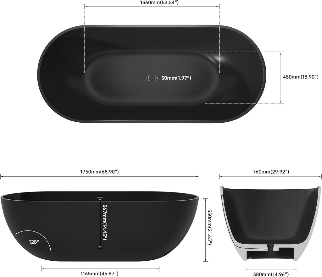 69' Freestanding Solid Surface Bathtub, Matte Black | Resin Stone, Modern Design Stand Alone Tub with Drain, Free Stand SoakIng Tub