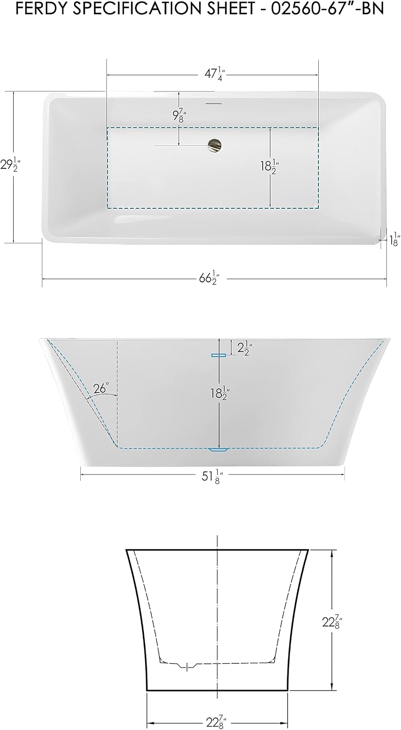 FerdY Sentosa 67' Acrylic Freestanding Bathtub, Contemporary Design Soaking Tub Easy to Install with Brushed Nickel Drain and Minimalist Linear Design Overflow, 02560