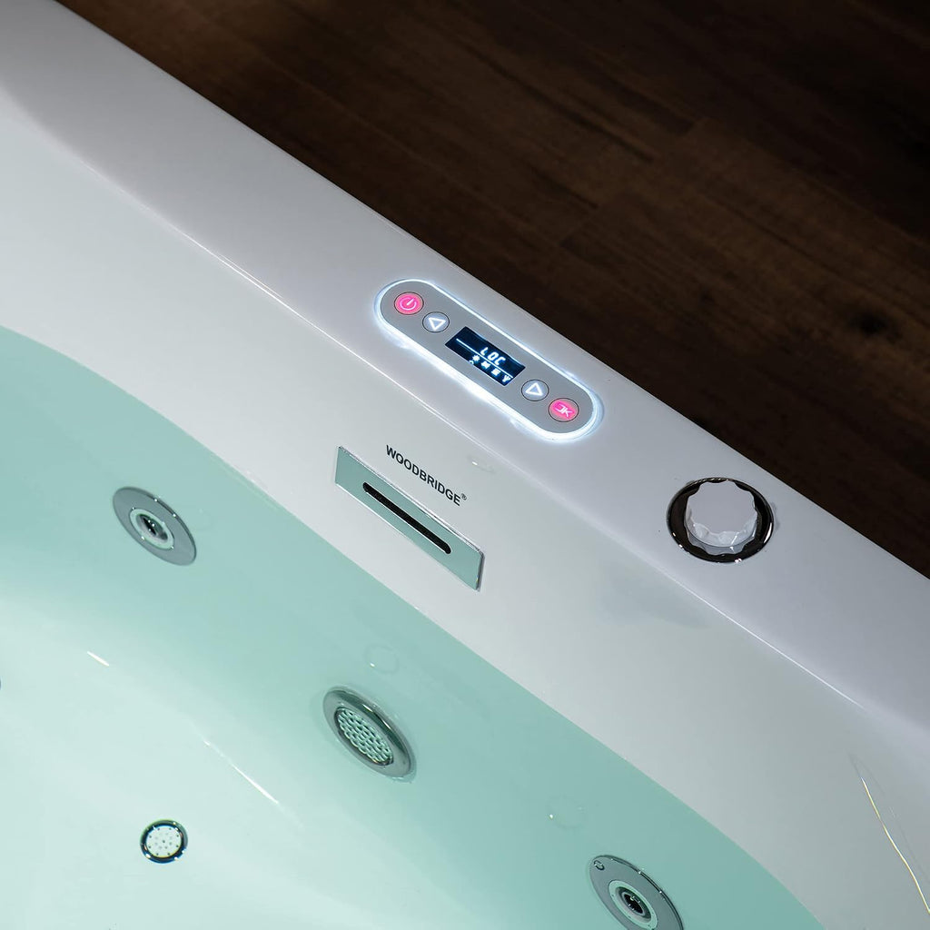 WOODBRIDGE 59' x 31-1/2' Whirlpool Water Jetted and Air Bubble Freestanding Heated Soaking Combination Bathtub with LED control panel, BJ100, White | Whirlpool Water Jetted, Air Bubble, Heated Soaking, LED Control Panel