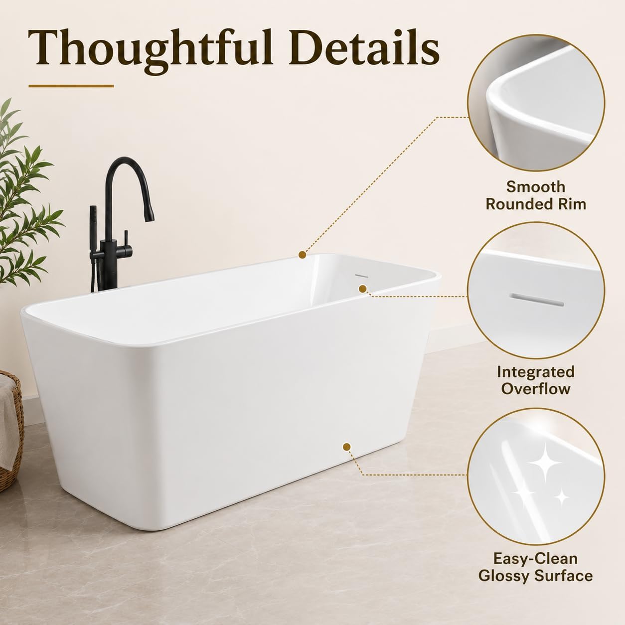 GarveeLife 49' Acrylic Freestanding Soaking Bathtub, Deep Ergonomic Design,cUPC Certified Bath Tub, Double-Walled Insulation, Matte Drain & Overflow, Easy Install, Modern Bathroom Tub, All White