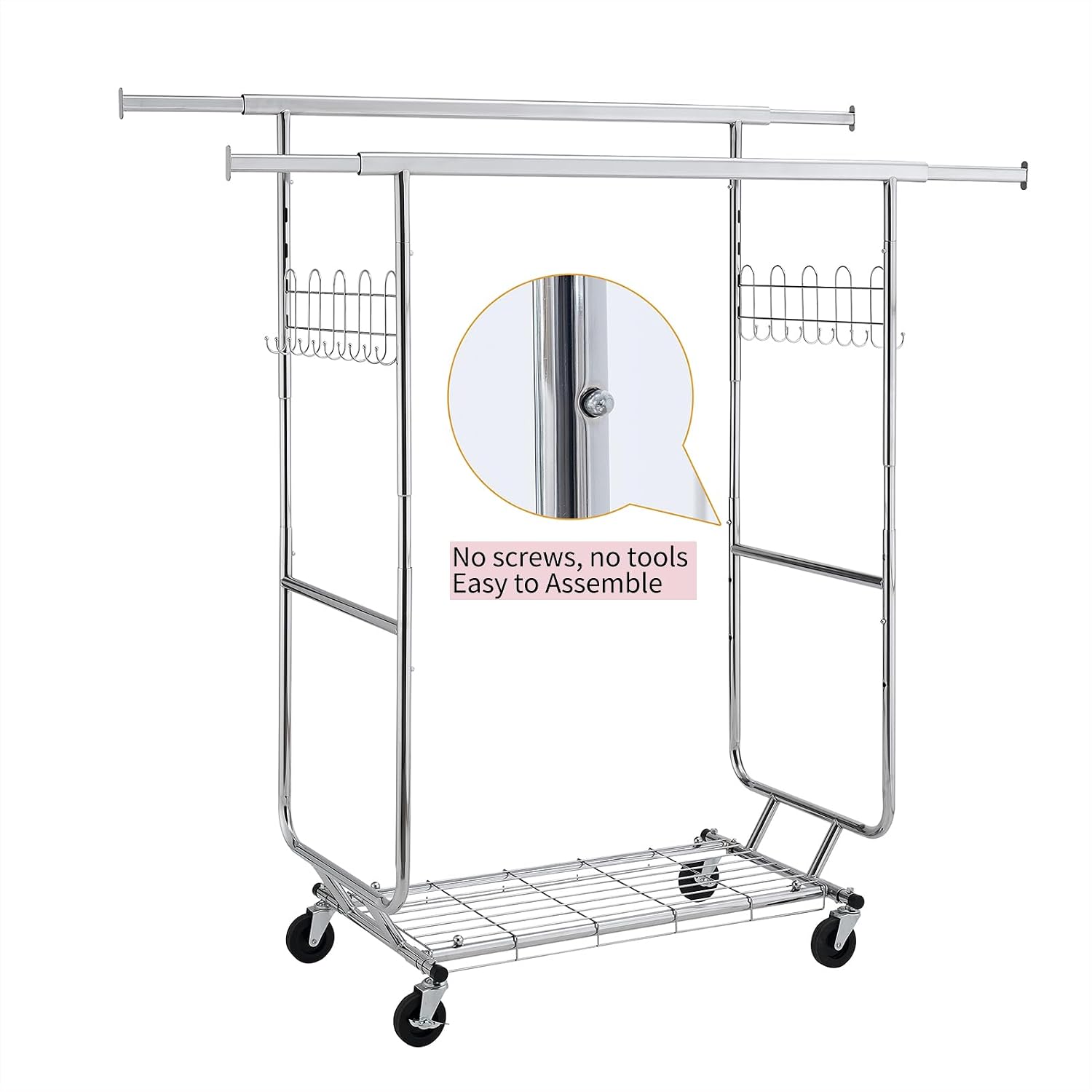 Double Coat Rack with Shelves Clothing Racks with 4 Rolling Wheels Heavy Duty Portable Collapsible Commercial Garment Rack for Hallway Bedroom Office, Capacity 800lbs, Silver