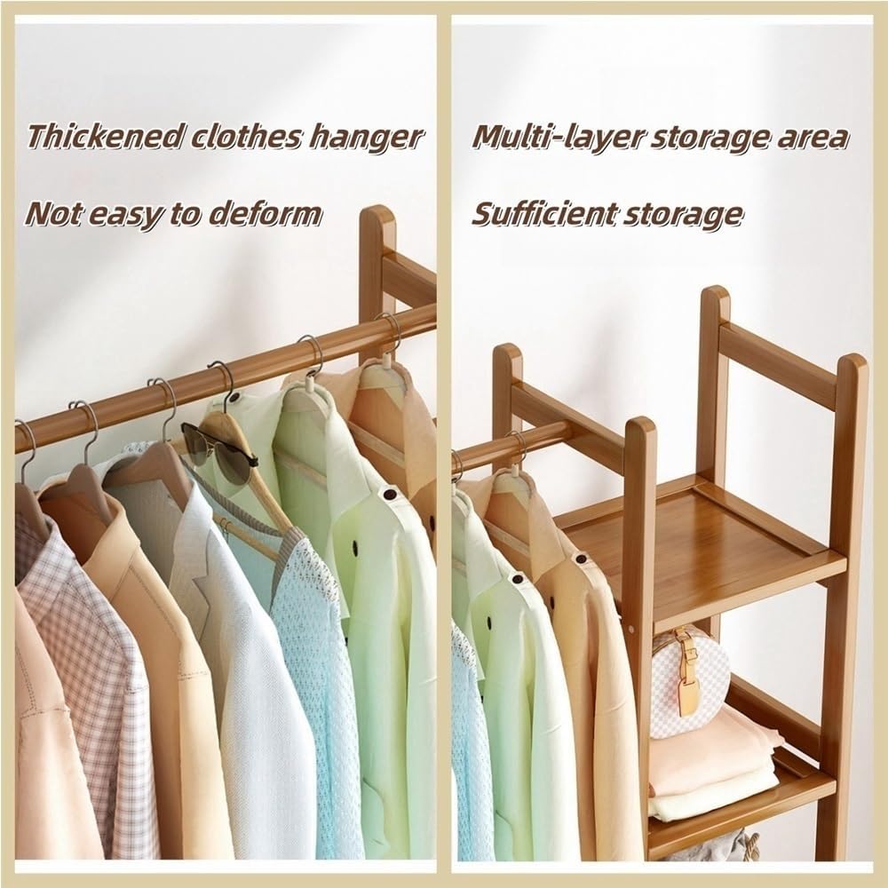 Wooden Clothes Rack with Storage & 6 Hooks, Freestanding Garment Rack for Bedroom, Dorm, Dining Room - Stylish Brown Coat Stand (19.7x11.8x65.2in)