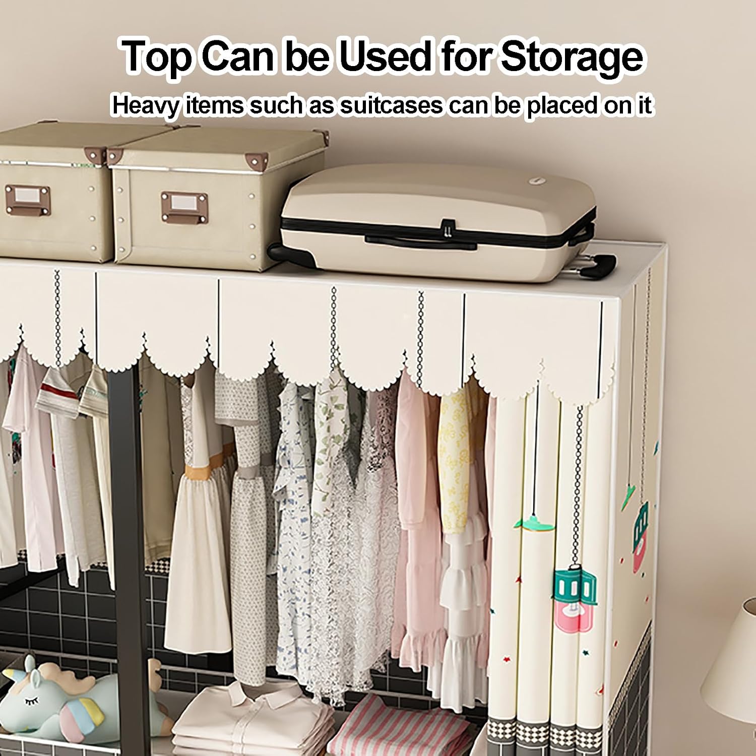 Portable Wardrobe Closet With Cover, Foldable Clothes Rack For Hanging Clothes, Metal Garment Rack, Curtain Clothing Coat Organizer, For Bedroom(110cm/43.3inch)