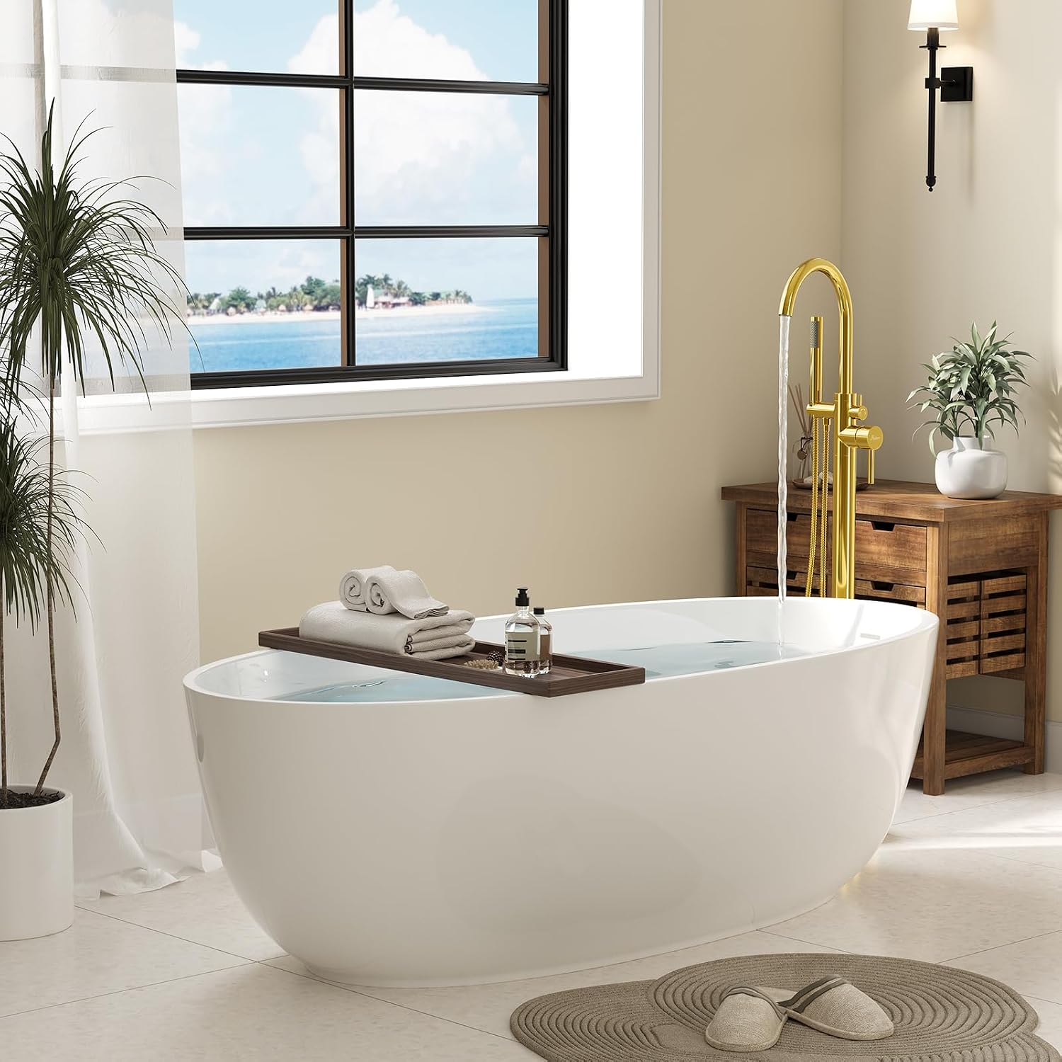 HAWKROWN Freestanding Bathtub Faucet, Floor Mount Bathtub Faucet with 2 Water Outlet Modes, Swivel Gooseneck Spout with Hand Shower, Brass Single Handle Tub filler, Max Flow Rate 7.4 GPM, Gold