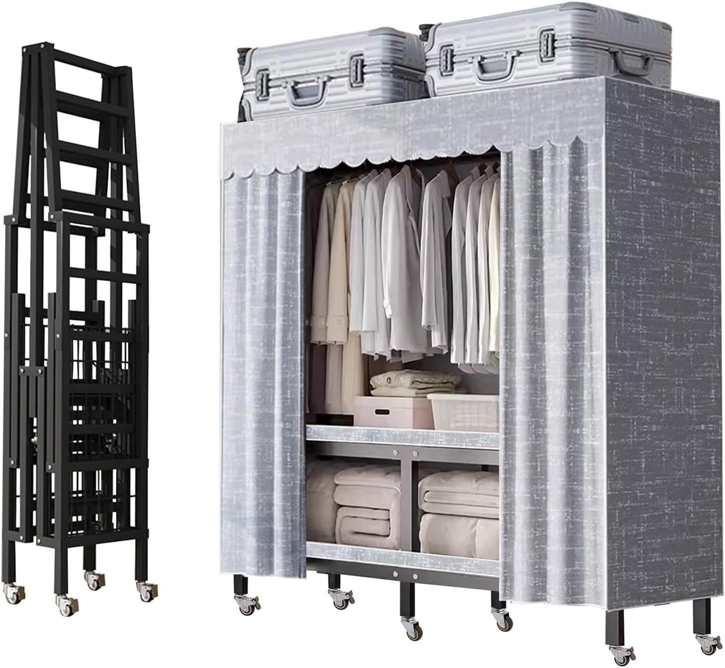 Foldable Wheeled Clothes Rack - Portable Heavy Duty Wardrobe Closet, Load 2000lbs/With Cover Bedroom Armoires Freestanding Clothing Coat Storage Rack Rolling Garment Rack For Hanging Clothes ( Size :
