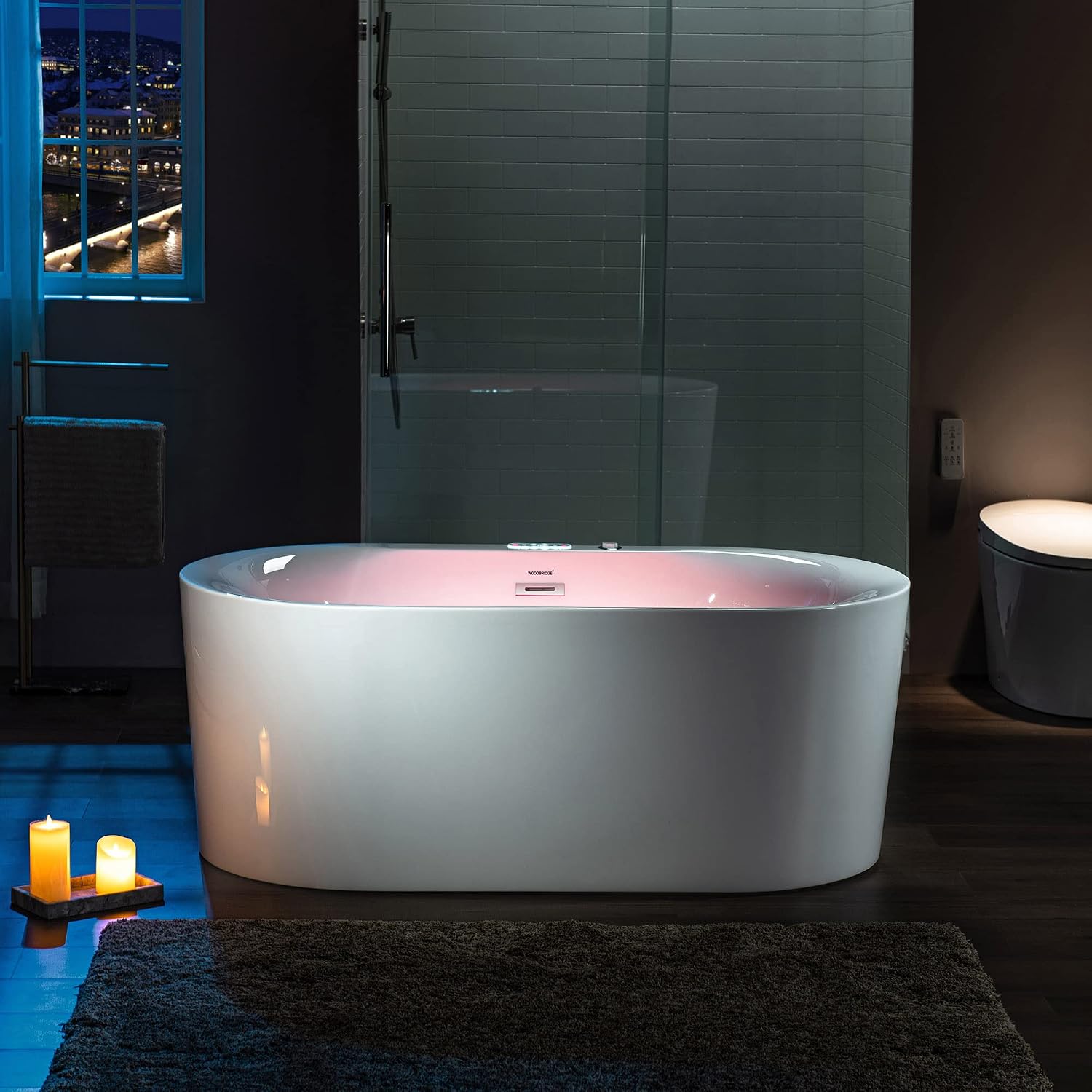 WOODBRIDGE 59' x 31-1/2' Whirlpool Water Jetted and Air Bubble Freestanding Heated Soaking Combination Bathtub with LED control panel, BJ100, White | Whirlpool Water Jetted, Air Bubble, Heated Soaking, LED Control Panel