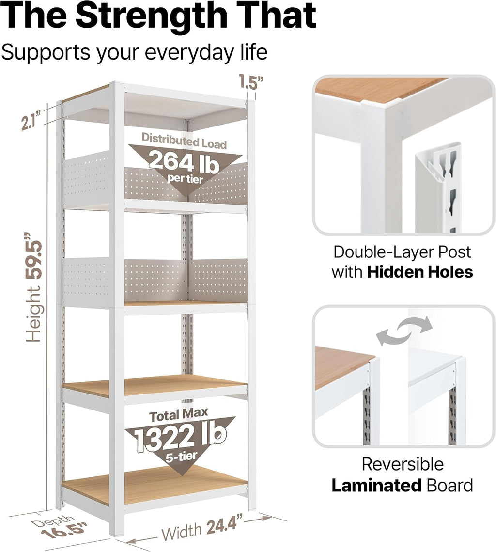 HOMEDANT 24' W Pegboards Storage Rack 5-Tier Heavy Duty Boltless Metal Utility Shelving Unit for Pantry Garage 1Pack