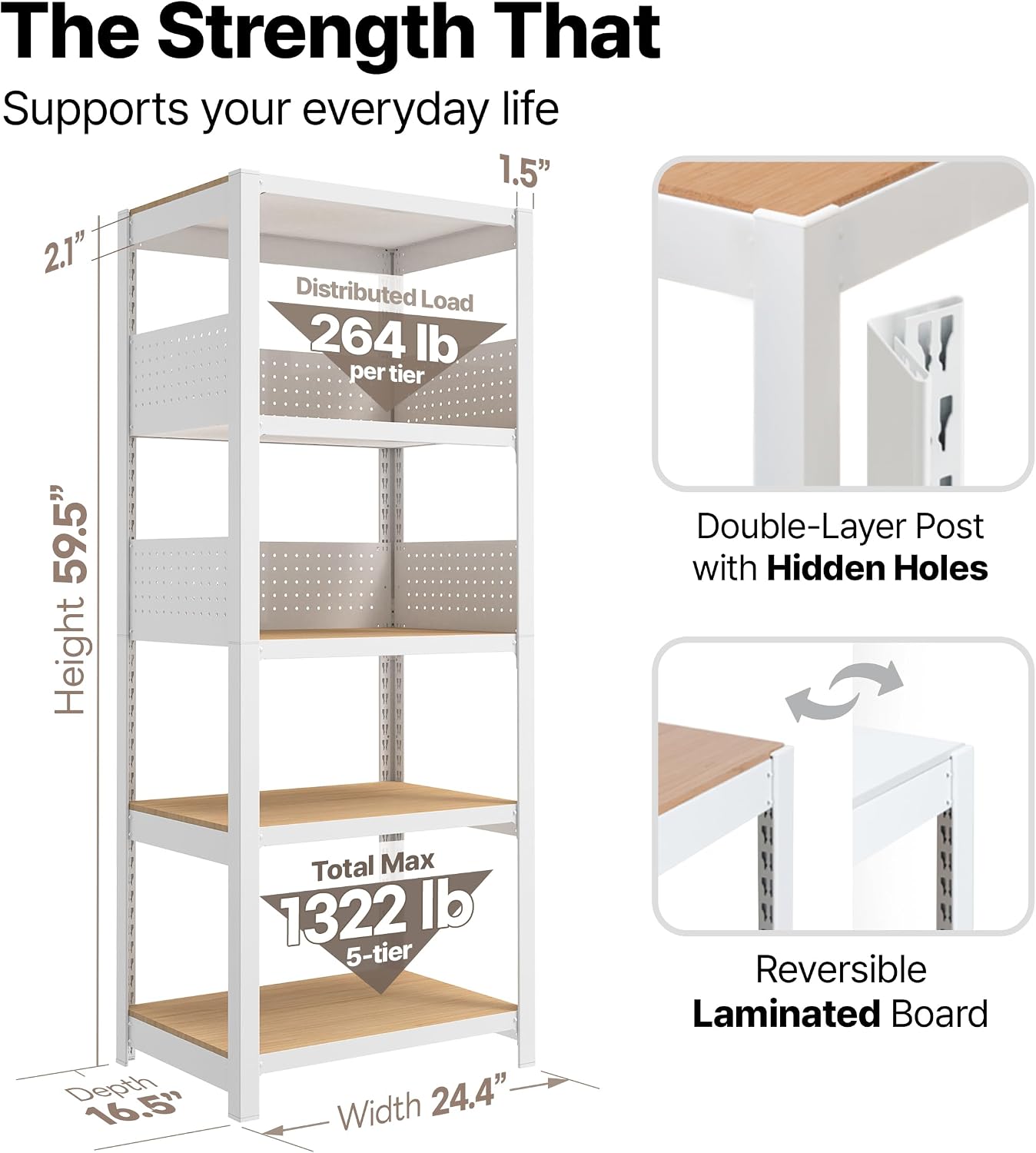 HOMEDANT 24' W Pegboards Storage Rack 5-Tier Heavy Duty Boltless Metal Utility Shelving Unit for Pantry Garage 1Pack