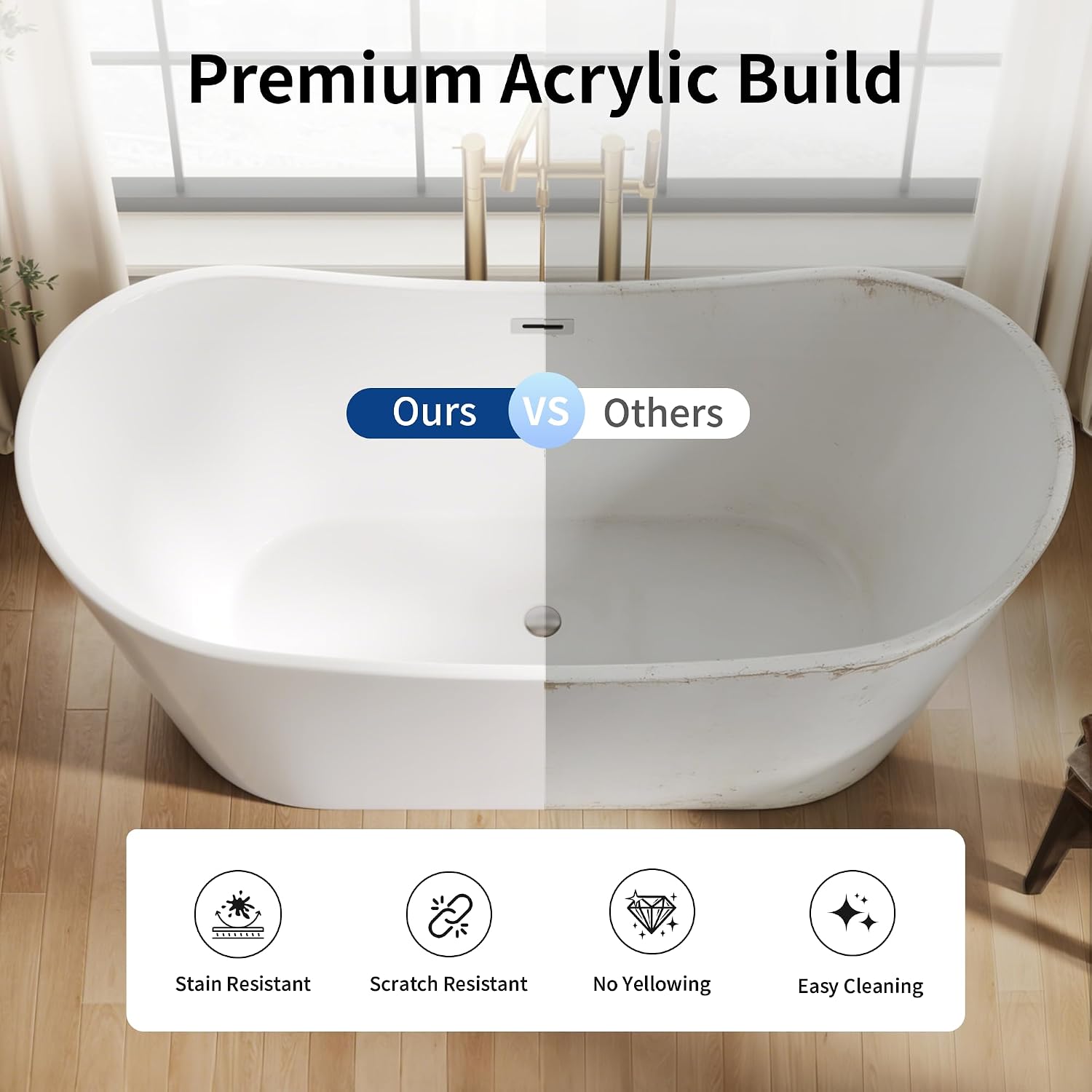 DeerValley 67' Freestanding Bathtub, Acrylic Soaking Tub with Center Drain & Integrated Overflow, Modern Standalone Shower Tub White, Deep Soaker, Ergonomic Design