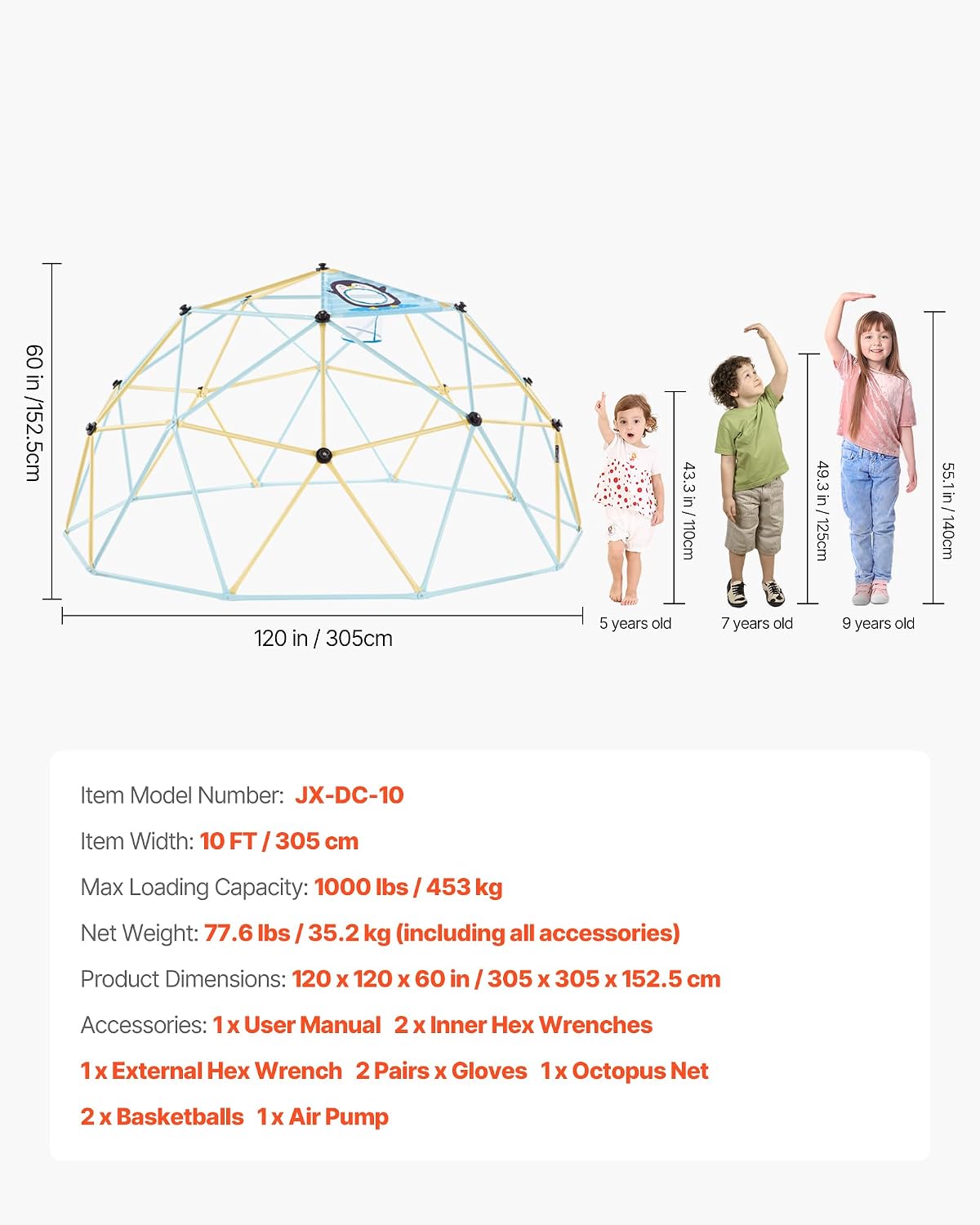 VEVOR Climbing Dome, 10FT Geometric Dome Climber, 1000LBS Loading Jungle Gym Playground with 2 Basketballs & Octopus Net, Easy-Assembly Outdoor Backyard Climbing Equipment for Kids 3 to 10 Years Old