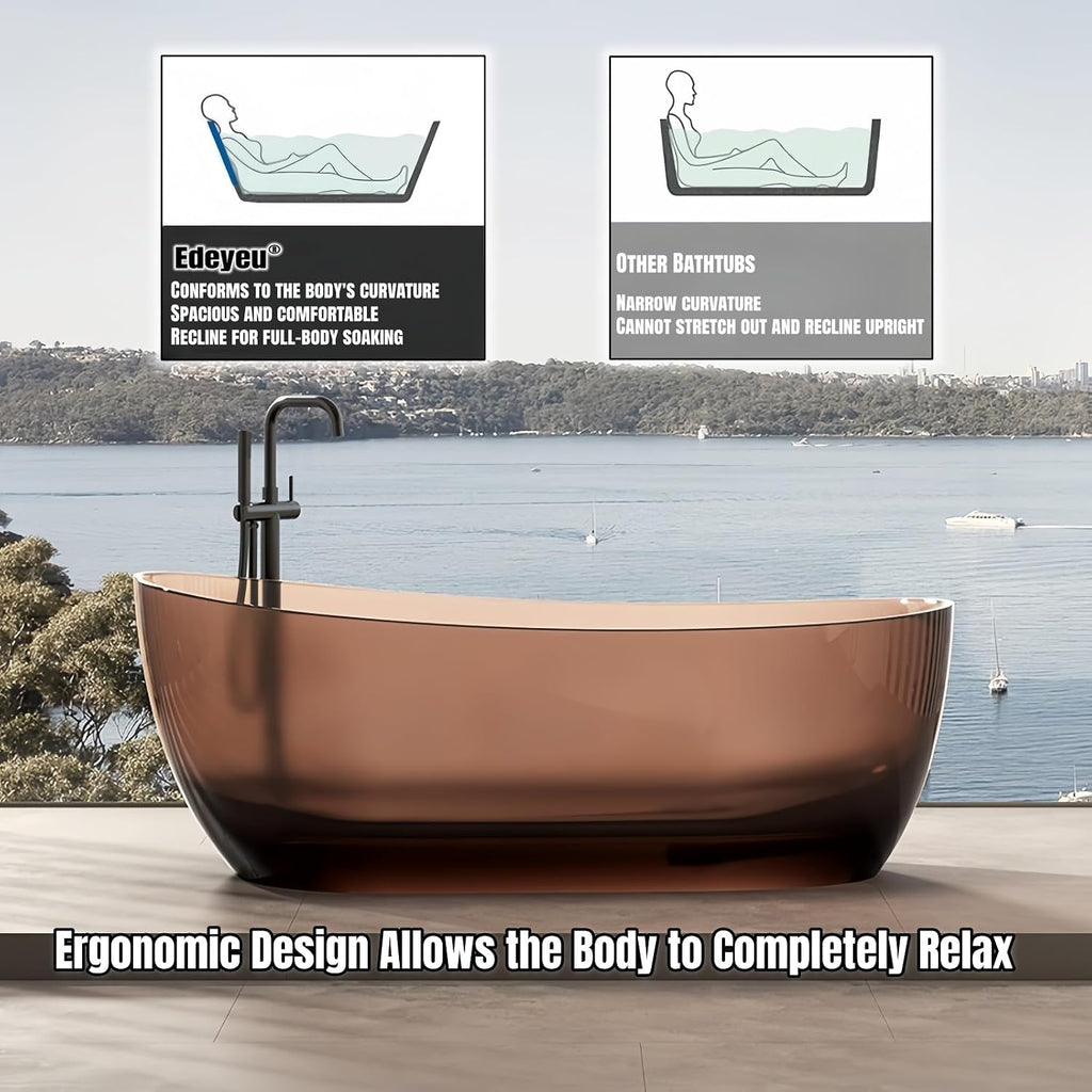 56' Edeyeu Freestanding Bathtub - Modern Minimalist Soaker Tub with Natural Resin Construction, Durable Stand Alone Tub for Luxurious Soaking Experience, with Drain Blue