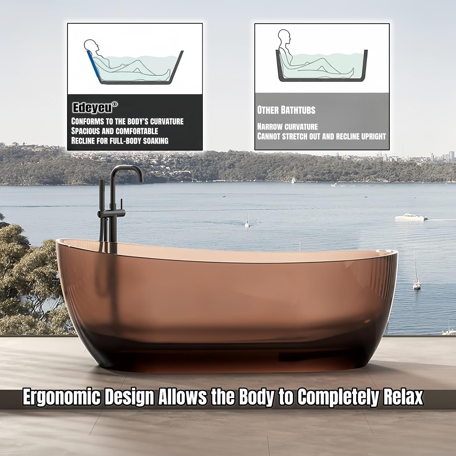 60' Edeyeu Freestanding Bathtub - Modern Minimalist Soaker Tub with Natural Resin Construction, Durable Stand Alone Tub for Luxurious Soaking Experience, with Drain Blue