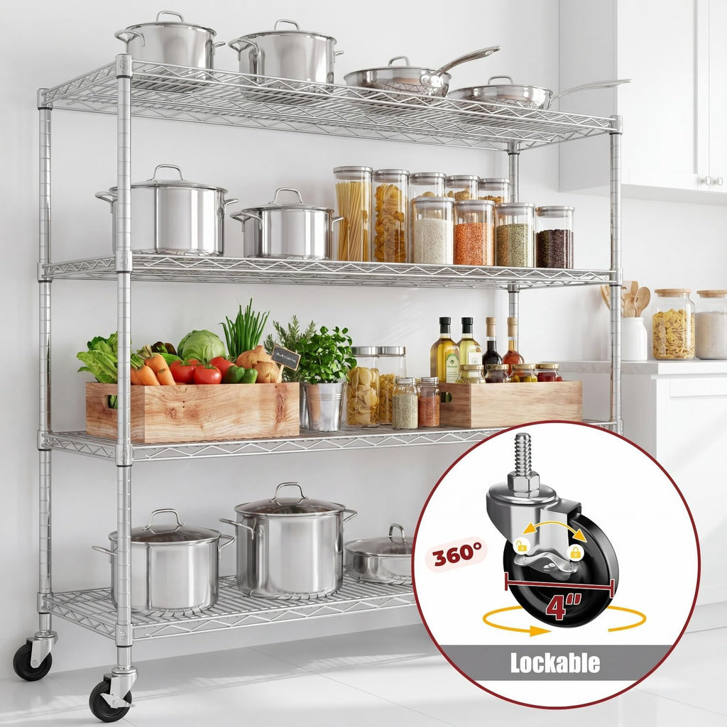 PrimeZone 4 Tier 55.5' Wx24 Dx76 H Wire Shelving with Wheels 2400lbs NSF Certified Storage Shelves Heavy Duty Metal Shelf Adjustable Rolling Rack Commercial Garage Restaurant Warehouse Kitchen Chrome