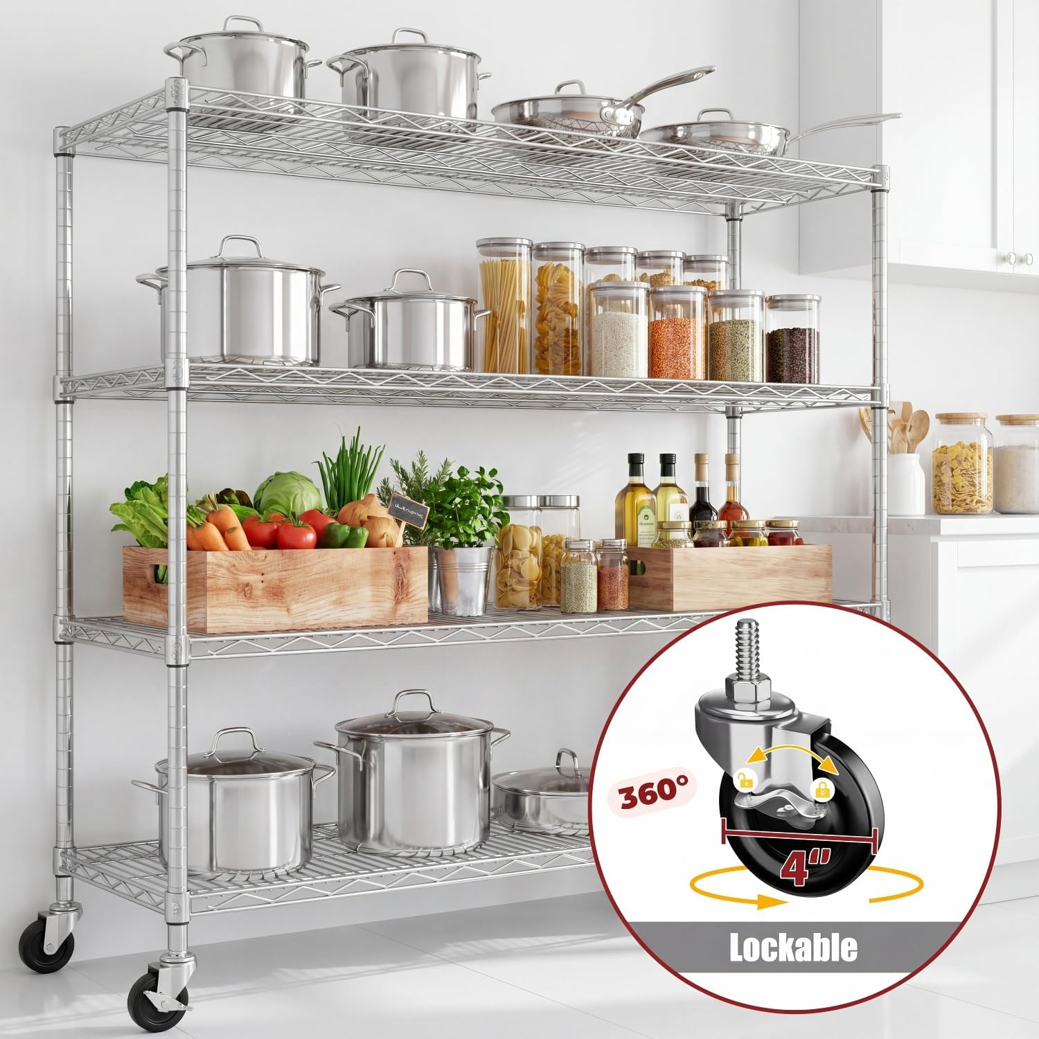 PrimeZone 4 Tier 55.5' Wx24 Dx76 H Wire Shelving with Wheels 2400lbs NSF Certified Storage Shelves Heavy Duty Metal Shelf Adjustable Rolling Rack Commercial Garage Restaurant Warehouse Kitchen Chrome