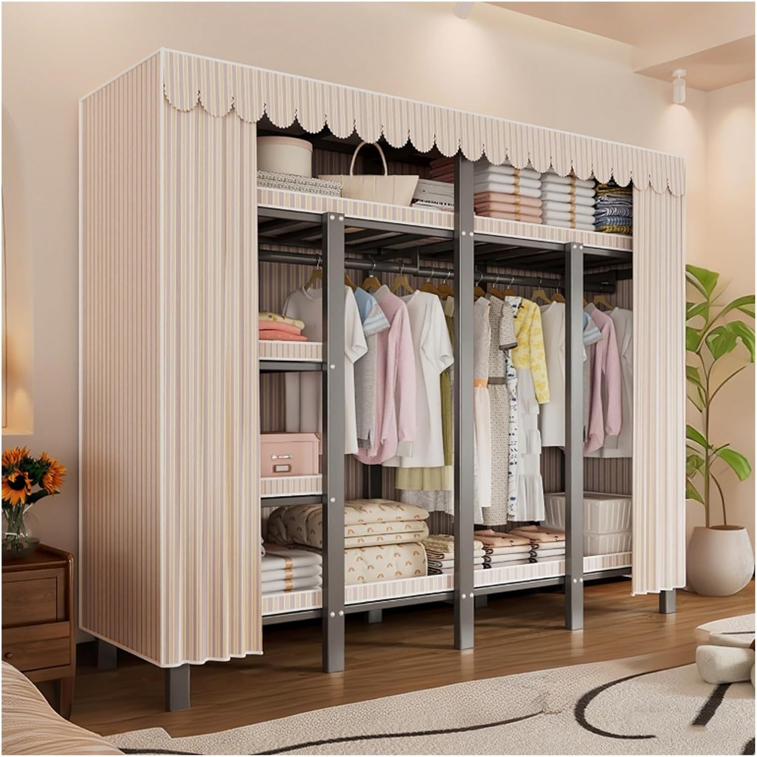 Foldable Wardrobe Closets With Cover Portable 500kg Heavy Duty Clothe Rack For Hanging Clothes Metal Garment Rack Freestanding Armoire Storage Garment Racks(B,130x170x50cm/51x67x20in)