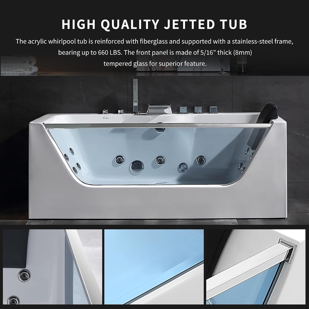 Empava 59' Acrylic Alcove Whirlpool Bathtub - 11 Jets Hydromassage with Chromatherapy, 750W, 58 Gallons, 3-Side Apron, Waterfall Faucet & ETL Certified