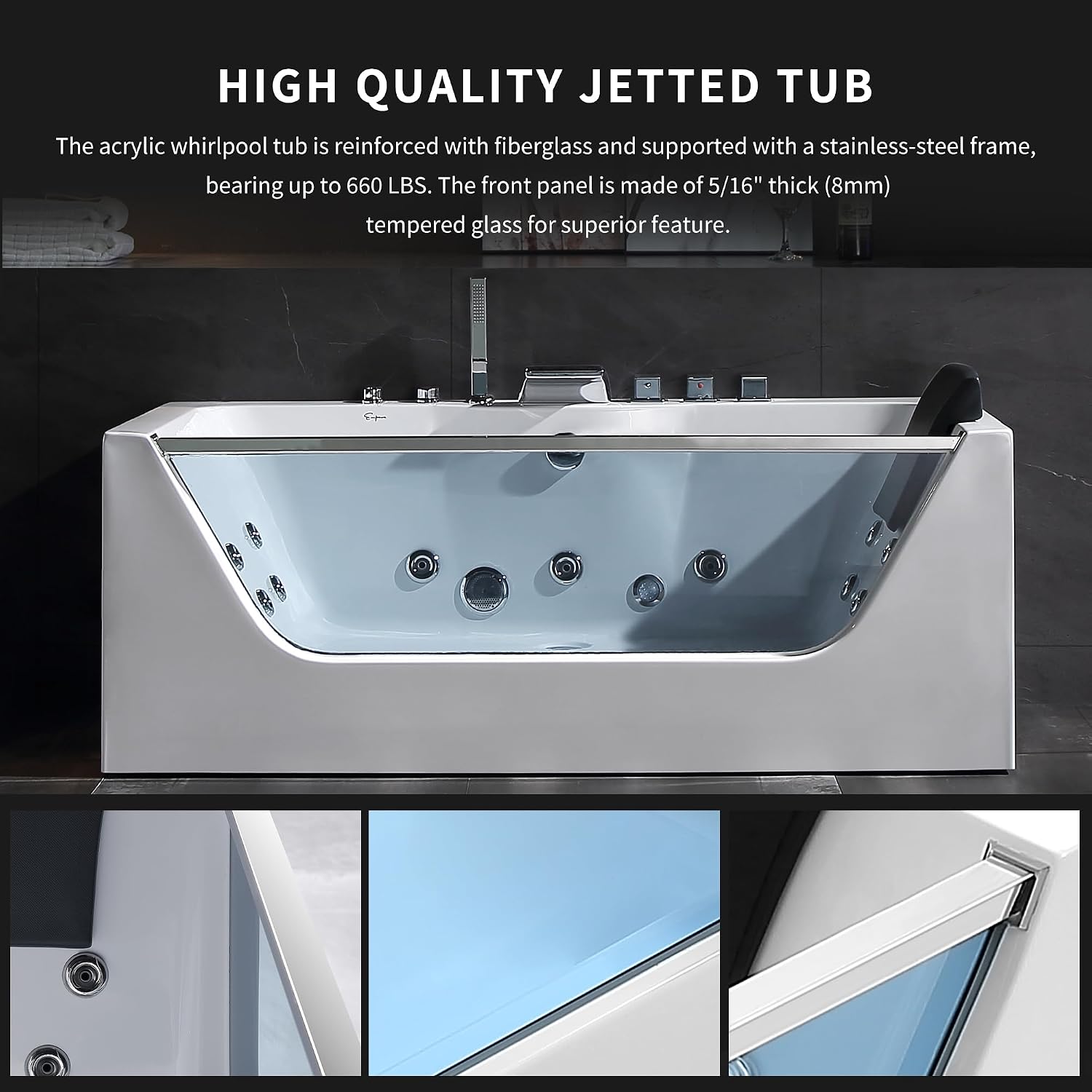 Empava 59' Acrylic Alcove Whirlpool Bathtub - 11 Jets Hydromassage with Chromatherapy, 750W, 58 Gallons, 3-Side Apron, Waterfall Faucet & ETL Certified